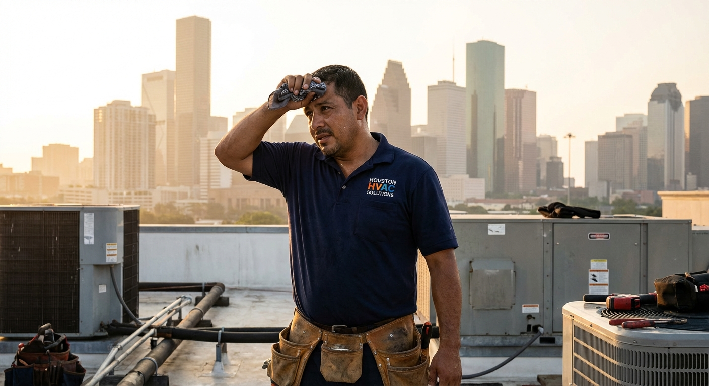 Houston HVAC contractor on a rooftop with the Houston skyline in the background